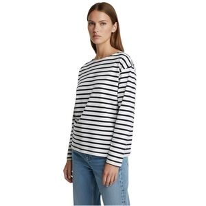 Zara Navy Blue White Breton Striped Long Sleeve Boatneck Top Women’s Size Medium